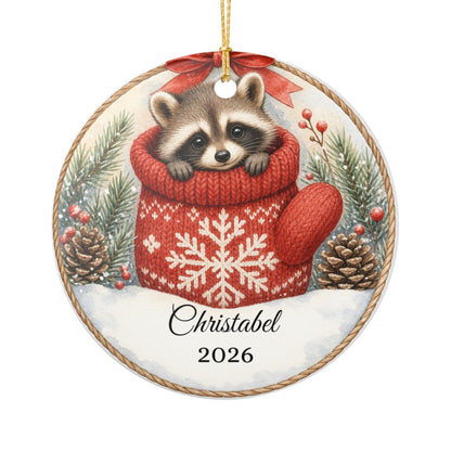 Baby First Christmas Ornament Personalized, Raccoon in Mitten Keepsake with Name 2026, Woodland New Baby Gift
