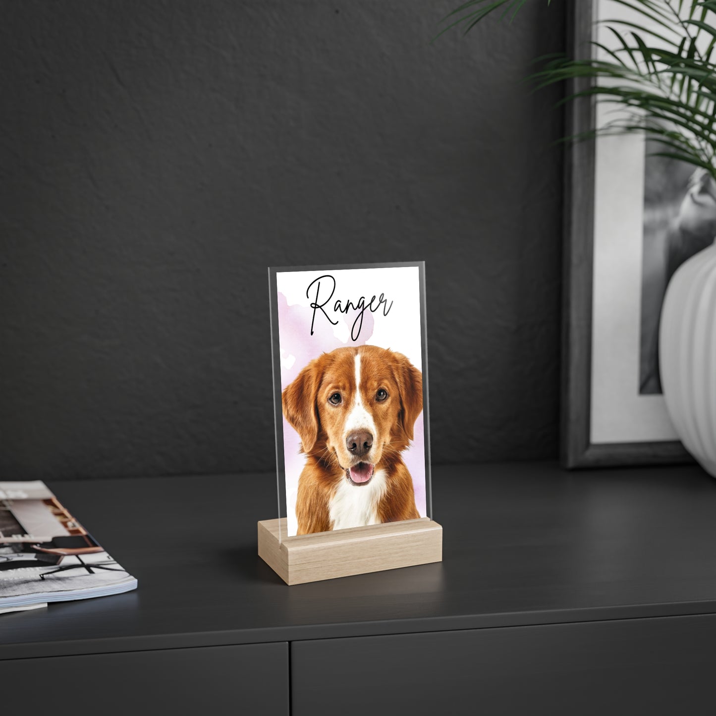 Personalized Dog Portrait Acrylic Sign with Wooden Stand | Pet Name Display