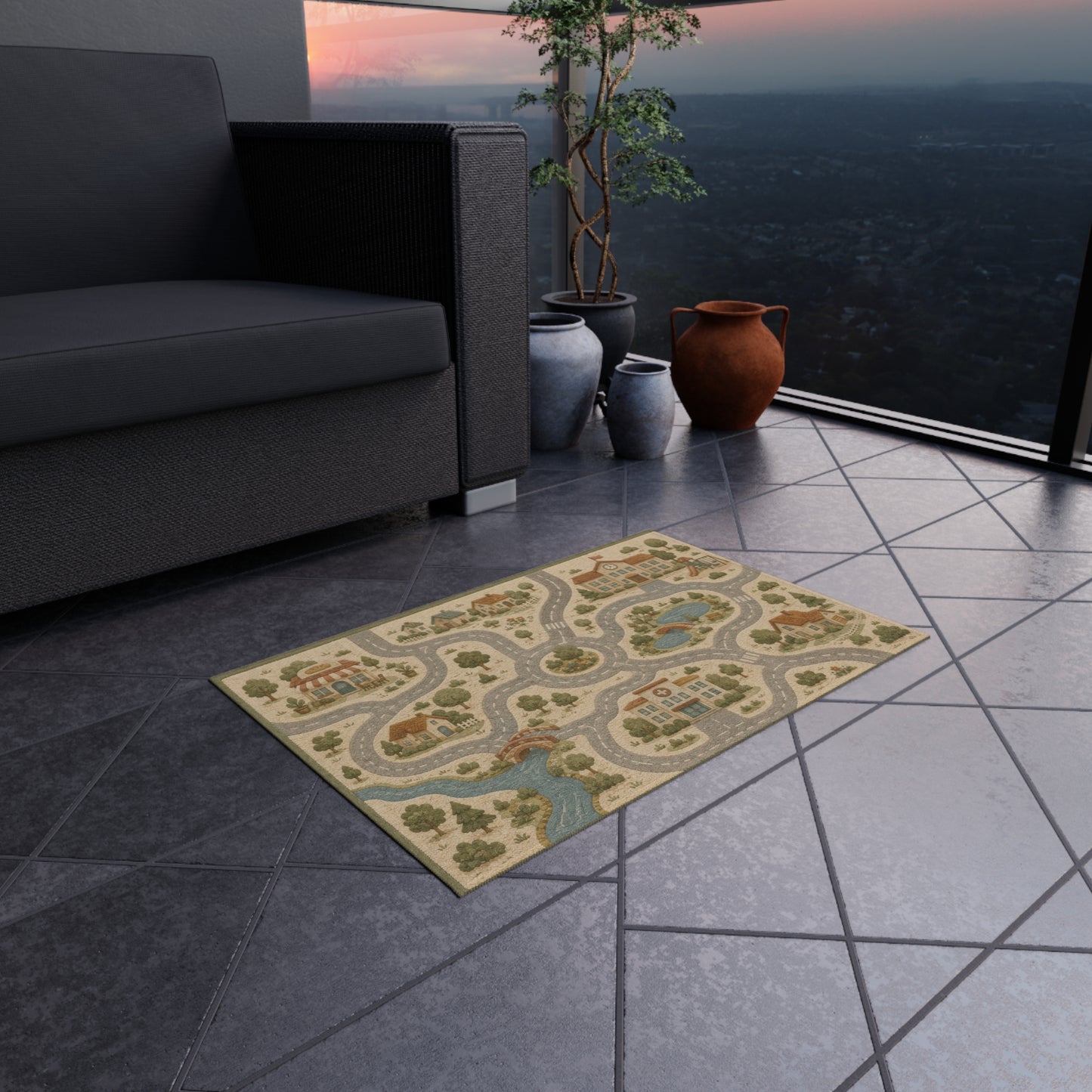 Play Town Map Outdoor Rug | Kids Roadway Pattern, Reversible Patio Mat