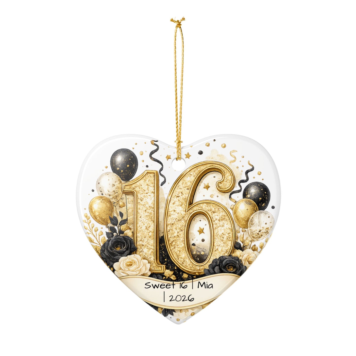 Glam Sweet 16 Christmas Ornament Personalized with Name Year, Black Gold Ceramic Keepsake, 16th Birthday Gift 2026