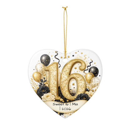 Glam Sweet 16 Christmas Ornament Personalized with Name Year, Black Gold Ceramic Keepsake, 16th Birthday Gift 2026