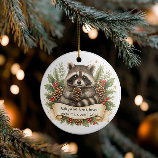 Baby Raccoon Christmas Ornament Personalized with Name, Cute Woodland Ceramic Keepsake, Kids Raccoon Gift 2026
