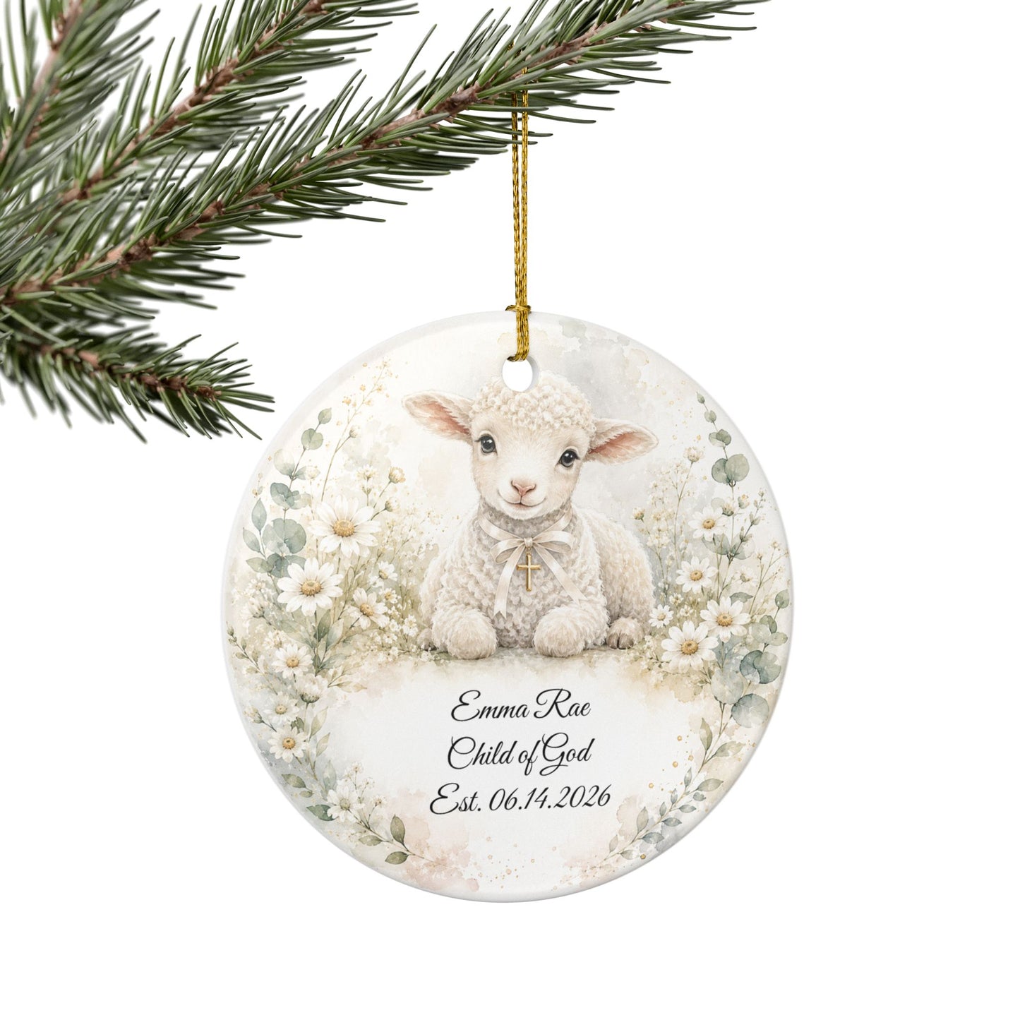 Lamb Baptism Ornament Personalized with Name, Watercolor Christening Keepsake, Ceramic Baby Dedication Gift, First Christmas Religious Gift
