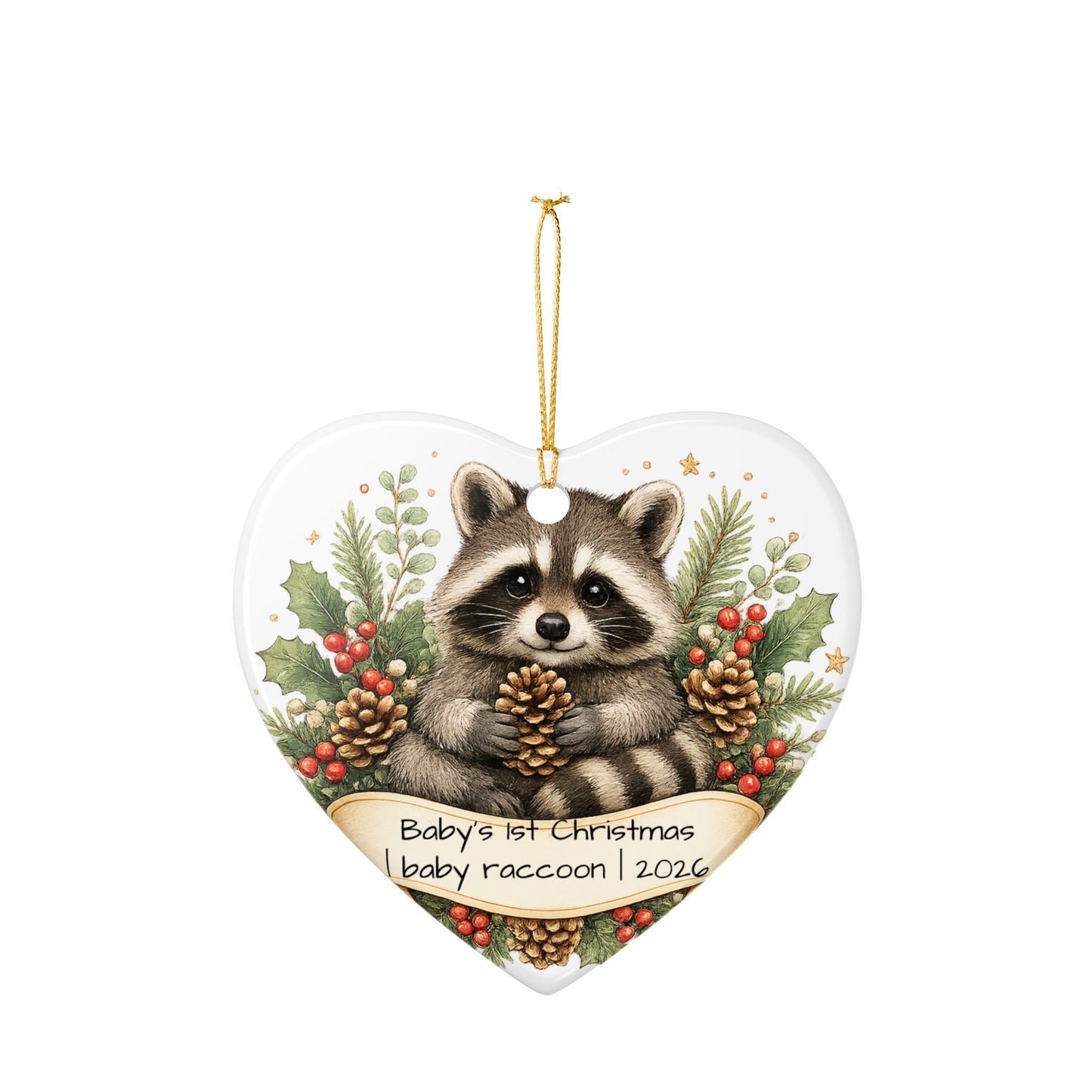 Baby Raccoon Christmas Ornament Personalized with Name, Cute Woodland Ceramic Keepsake, Kids Raccoon Gift 2026
