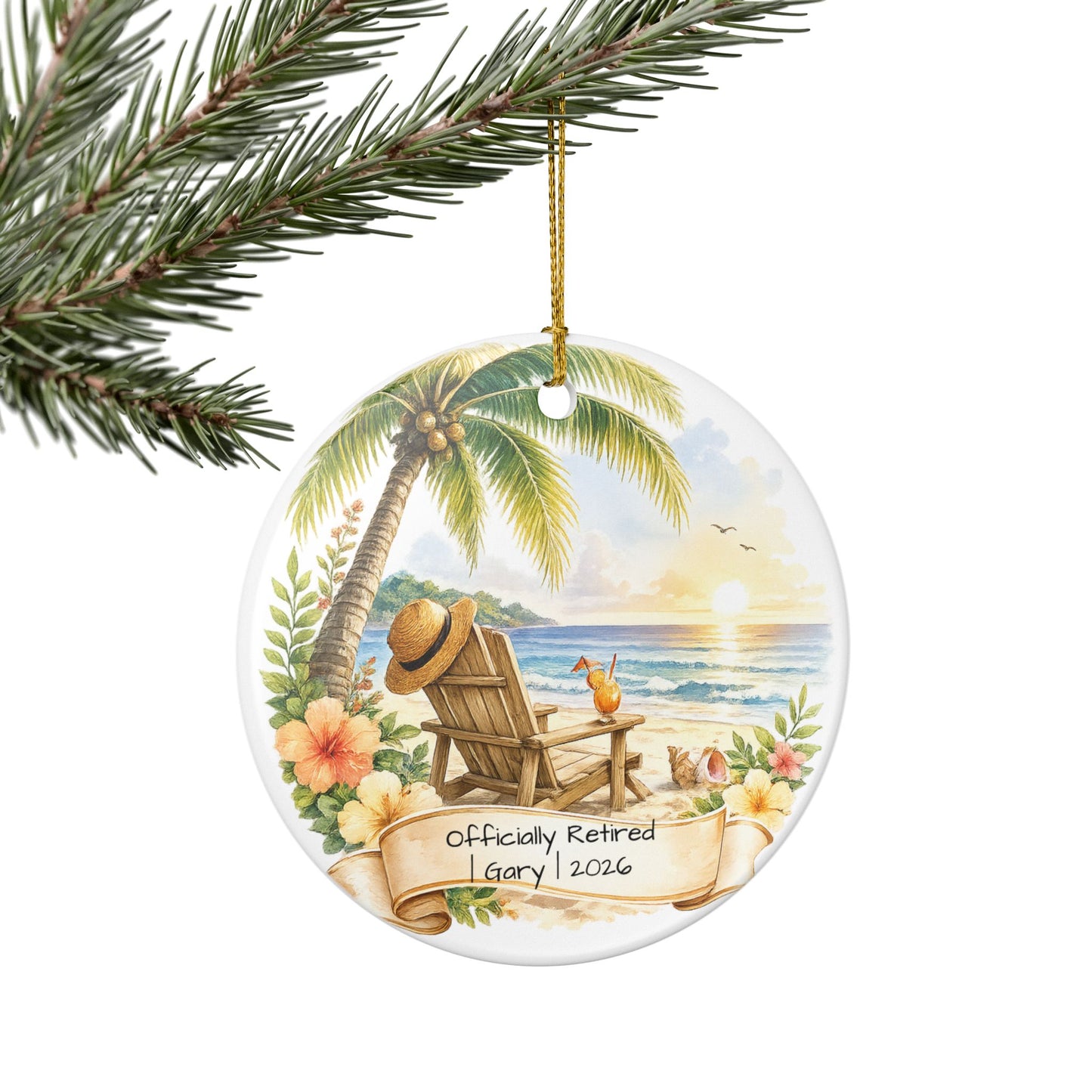 Retirement Christmas Ornament 2026 Personalized with Name, Beach Ceramic Keepsake, Officially Retired Gift, Coworker