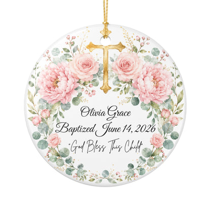 Personalized Baptism Ornament for Girl, Pink Floral Cross Christening Keepsake with Name & Date, Ceramic Godchild Gift, Baby Dedication
