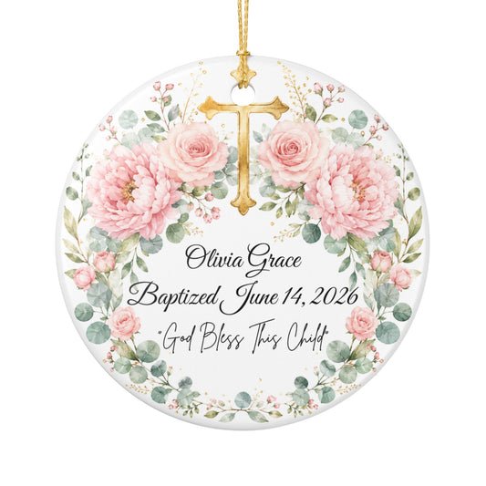 Personalized Baptism Ornament for Girl, Pink Floral Cross Christening Keepsake with Name & Date, Ceramic Godchild Gift, Baby Dedication