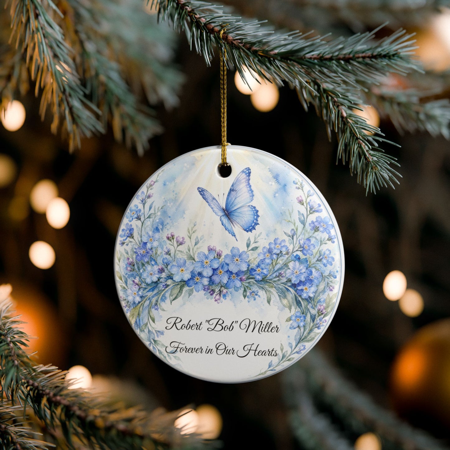 Memorial Ornament Personalized with Name, Butterfly Forget Me Not Remembrance Keepsake, In Loving Memory Sympathy Gift