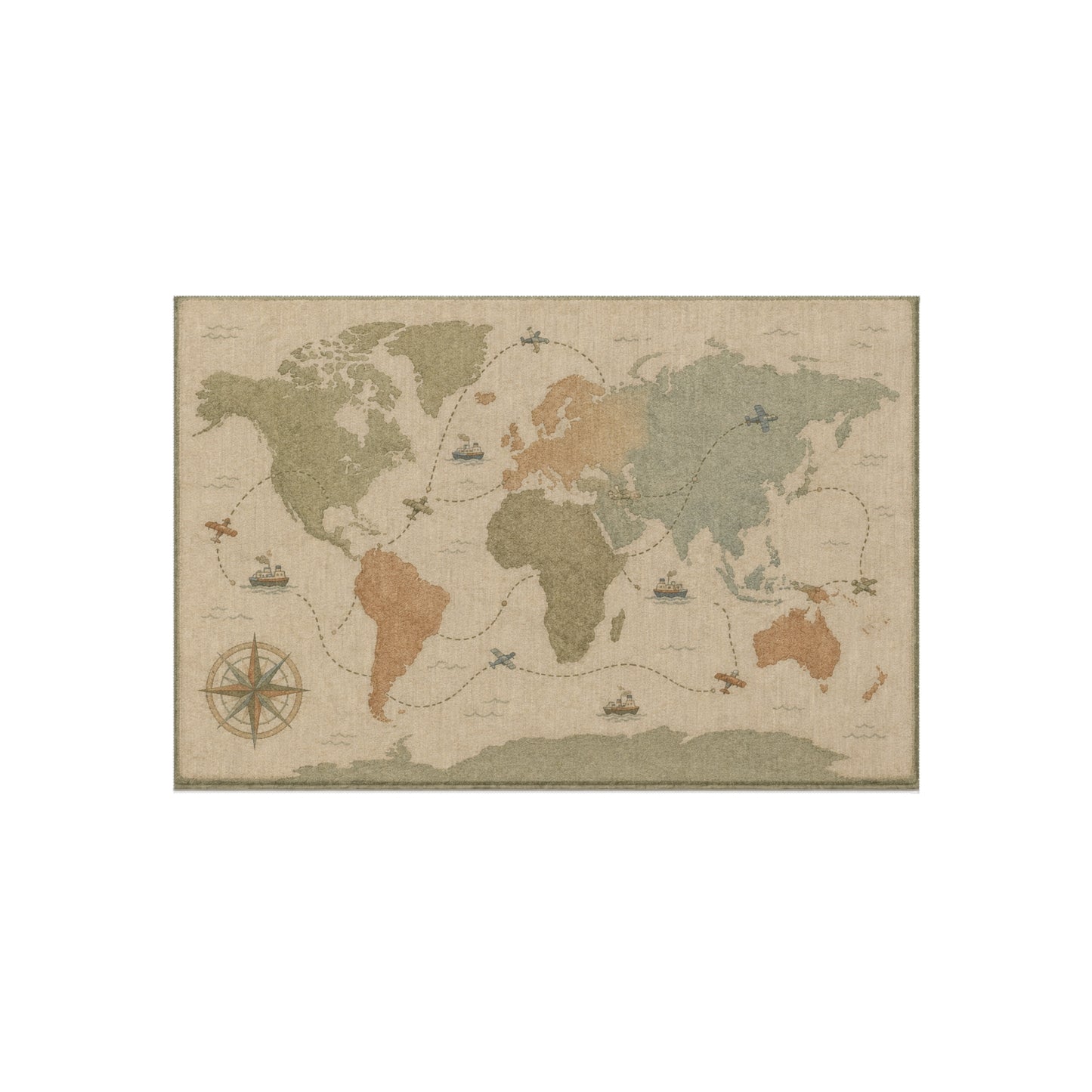 Vintage World Map Outdoor Rug | Nautical Compass, Ships, Travel Accent