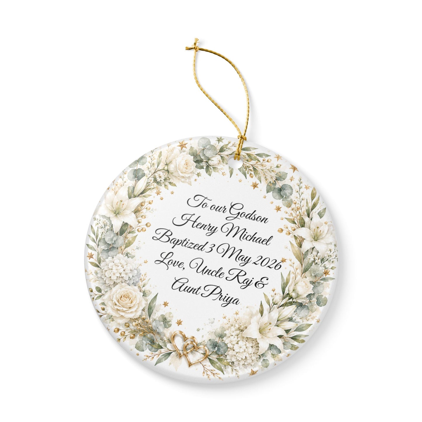 Godchild Baptism Ornament from Godparents, Personalized Christening Gift with Name & Date, Ceramic Keepsake, God Bless You Little One