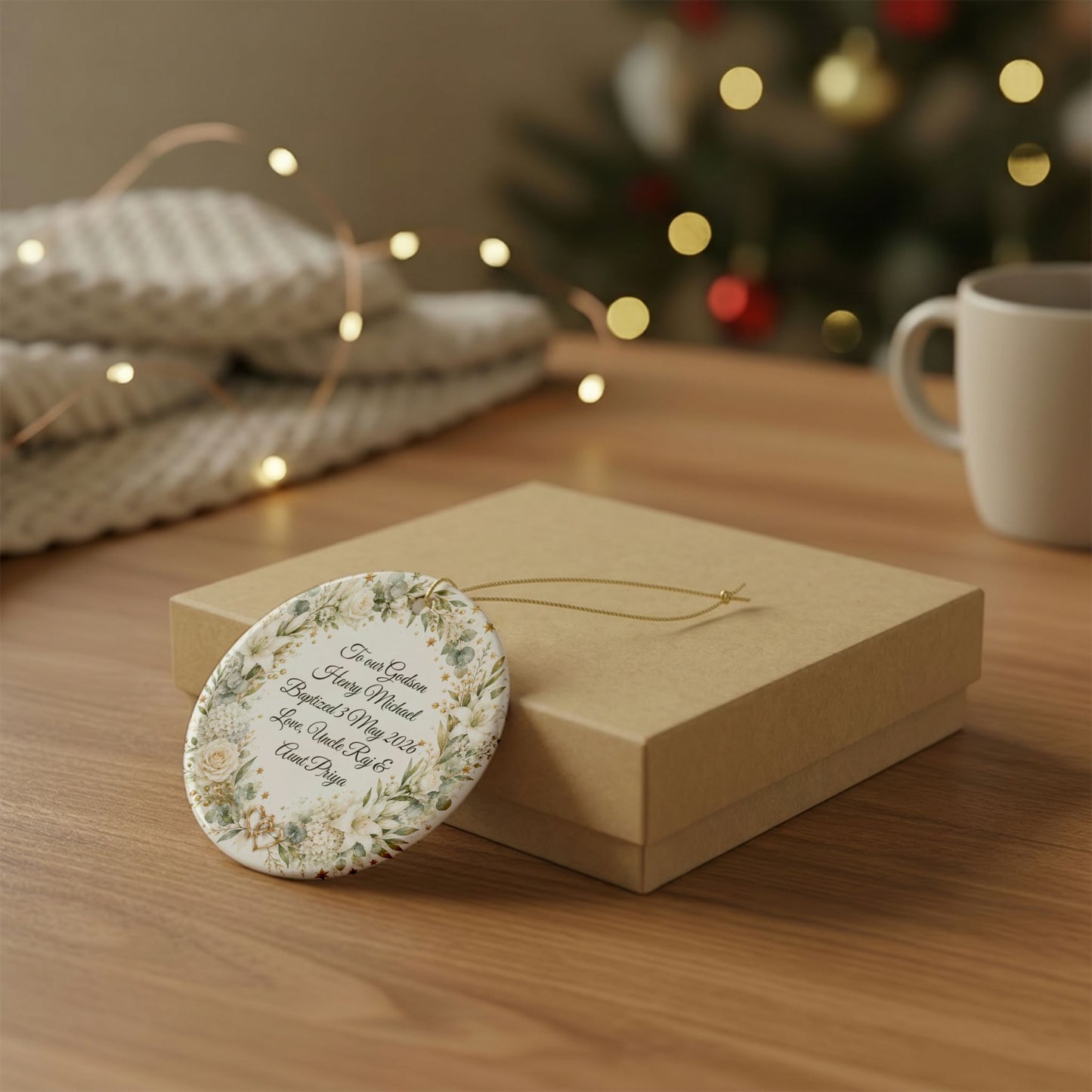 Godchild Baptism Ornament from Godparents, Personalized Christening Gift with Name & Date, Ceramic Keepsake, God Bless You Little One
