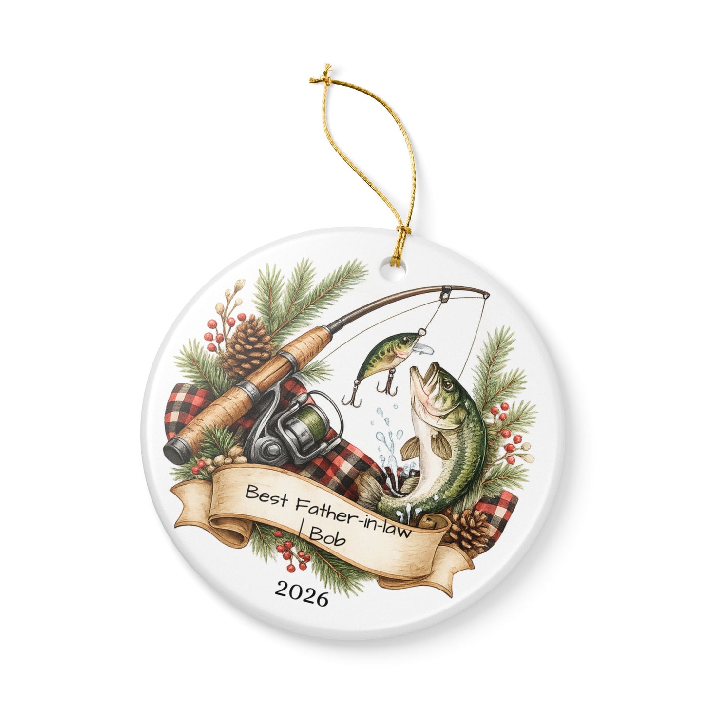 Fishing Father in Law Ornament Personalized, Rustic Ceramic Keepsake with Name, Fisherman FIL Gift 2026