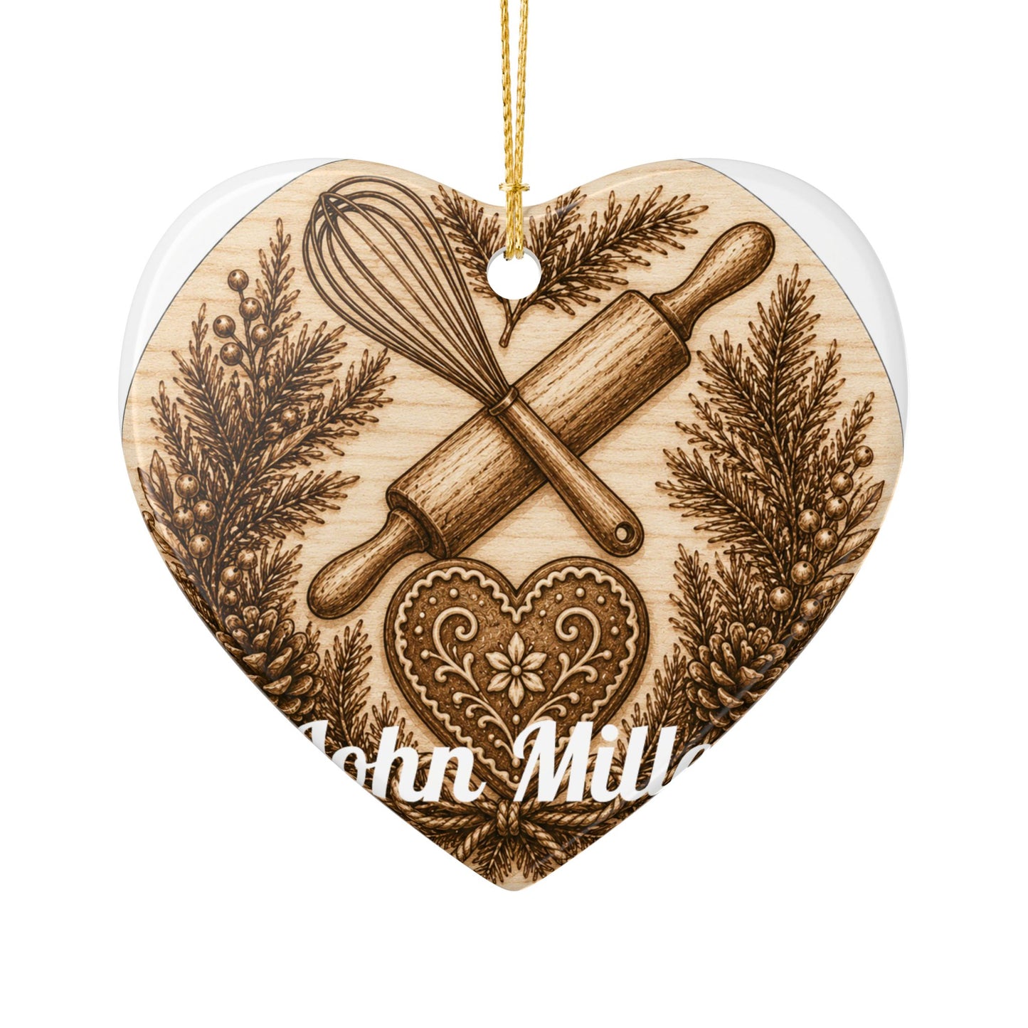 Baking Rolling Pin & Whisk Heart Ceramic Ornament | Kitchen Christmas Decoration