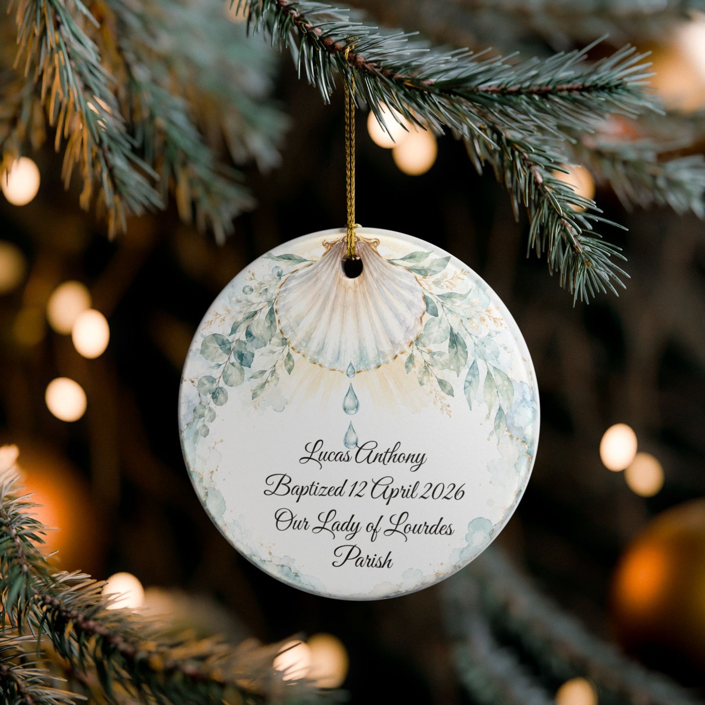 Baptism Shell Ornament Personalized, Traditional Christening Symbol Keepsake with Name & Date, Ceramic Catholic Baptism Gift for Baby