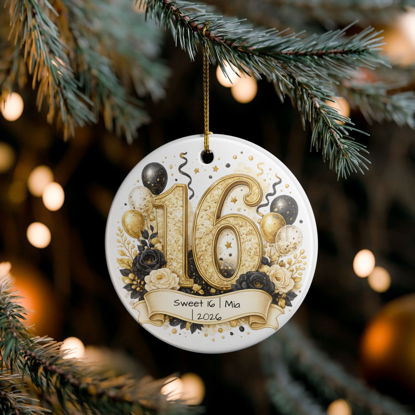 Glam Sweet 16 Christmas Ornament Personalized with Name Year, Black Gold Ceramic Keepsake, 16th Birthday Gift 2026