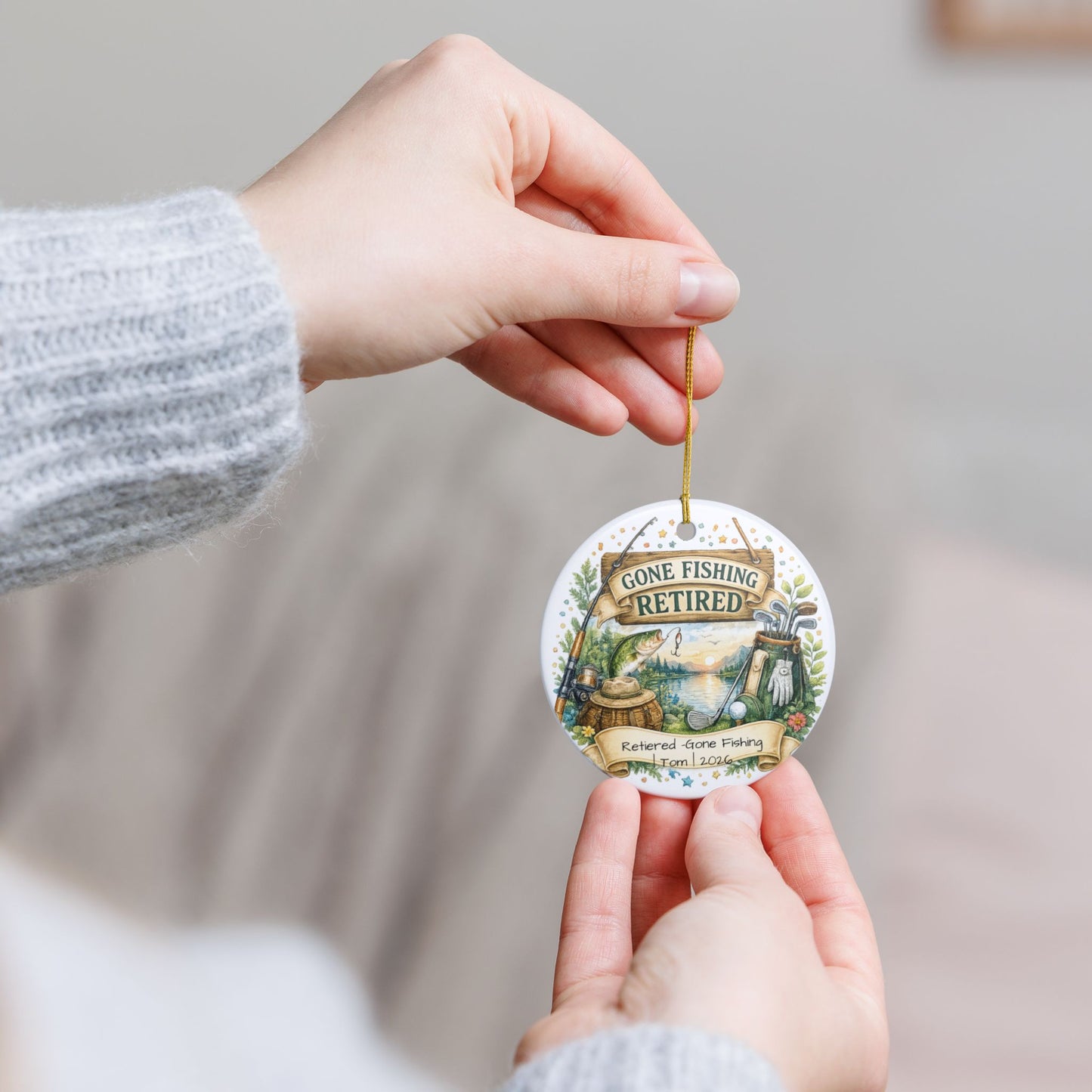 Retirement Ornament 2026 Personalized with Name, Fishing Golf Ceramic Keepsake, Retired Gift for Him, Dad Grandpa