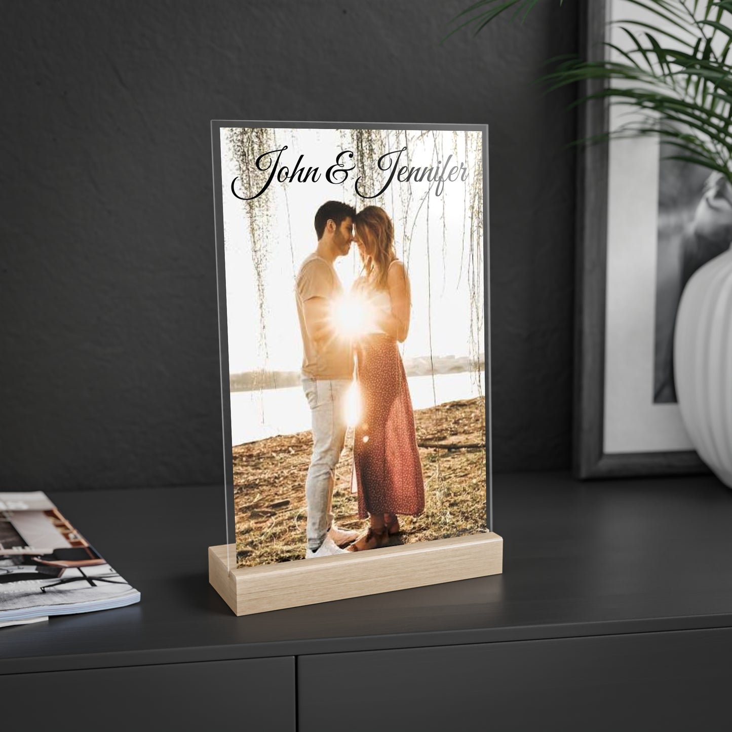 Personalized Couples Photo Acrylic Sign with Wooden Stand | Custom Name Display