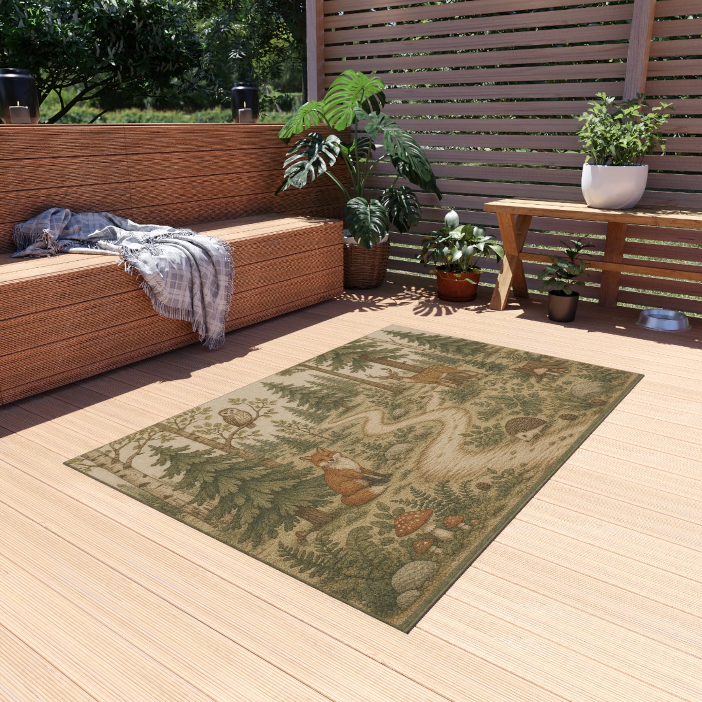 Woodland Animals Outdoor Rug | Fox, Deer, Owl Trail Scene