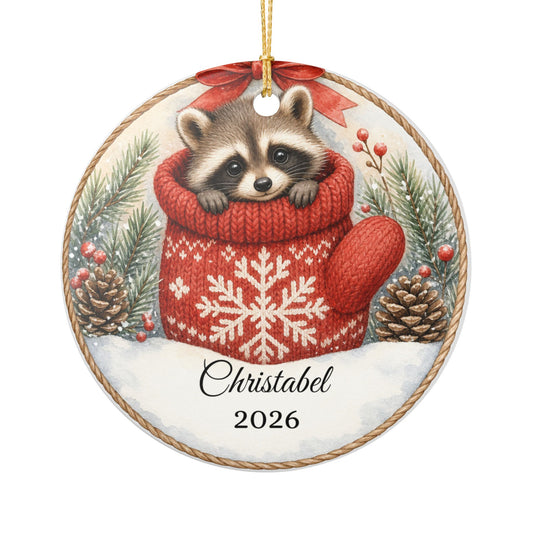 Baby First Christmas Ornament Personalized, Raccoon in Mitten Keepsake with Name 2026, Woodland New Baby Gift