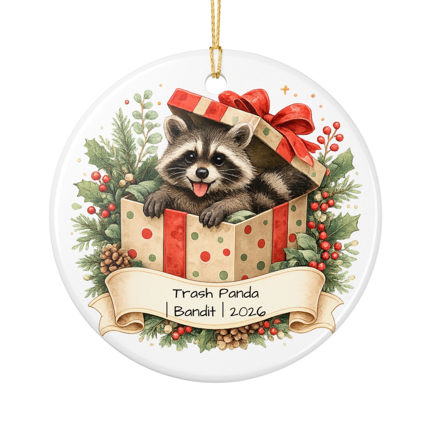 Trash Panda Christmas Ornament Personalized with Name, Funny Cute Ceramic Keepsake, Raccoon Lover Gift 2026