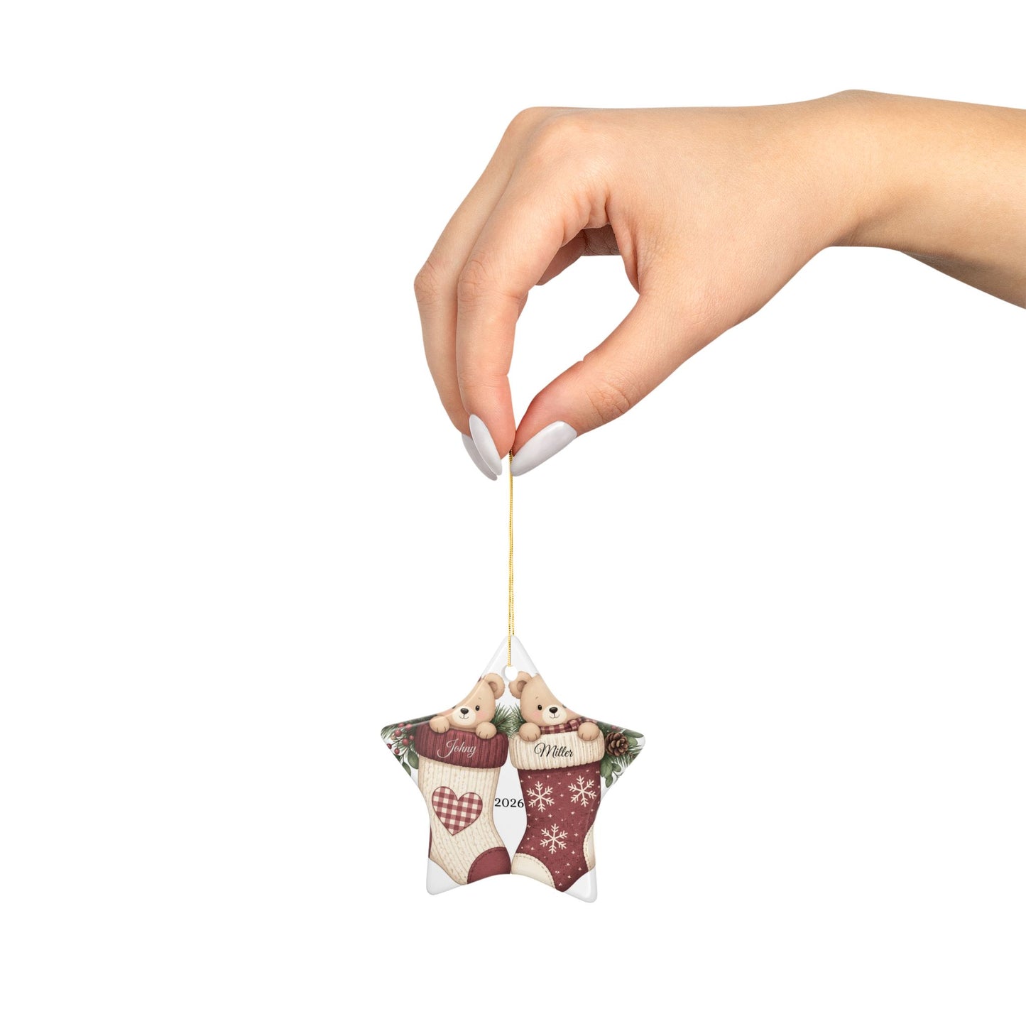 Teddy Bears in Christmas Stockings Ornament | Ceramic Round Holiday Decoration