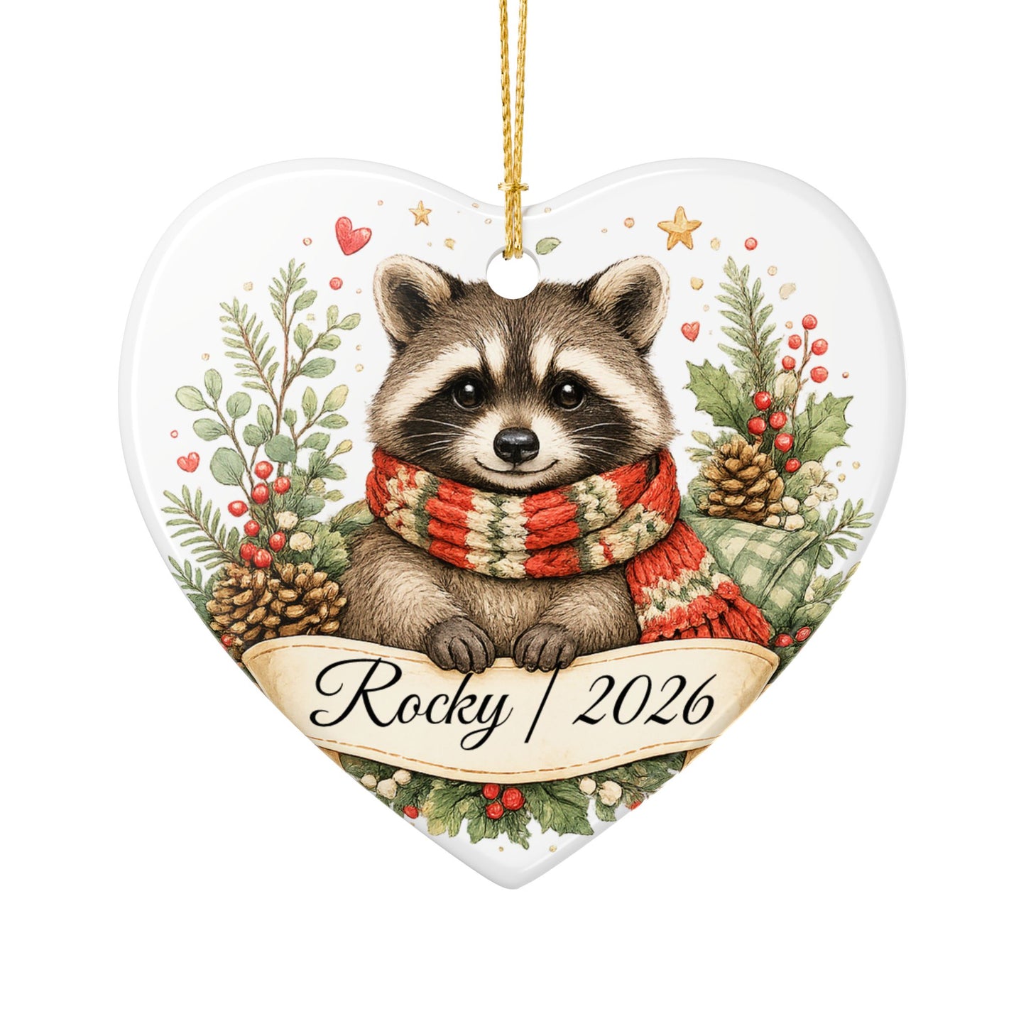 Raccoon Christmas Ornament Personalized with Name, Cute Cozy Ceramic Keepsake, Raccoon Lover Woodland Gift 2026