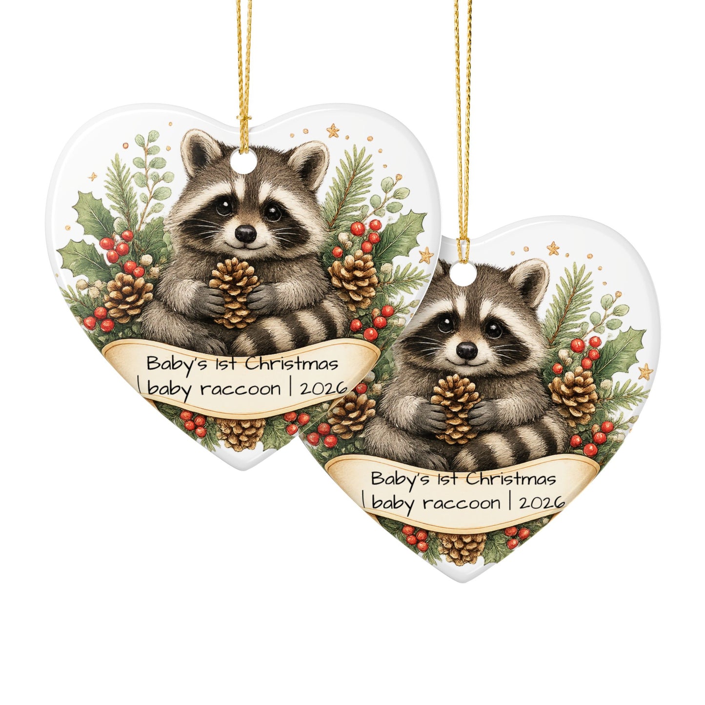 Baby Raccoon Christmas Ornament Personalized with Name, Cute Woodland Ceramic Keepsake, Kids Raccoon Gift 2026