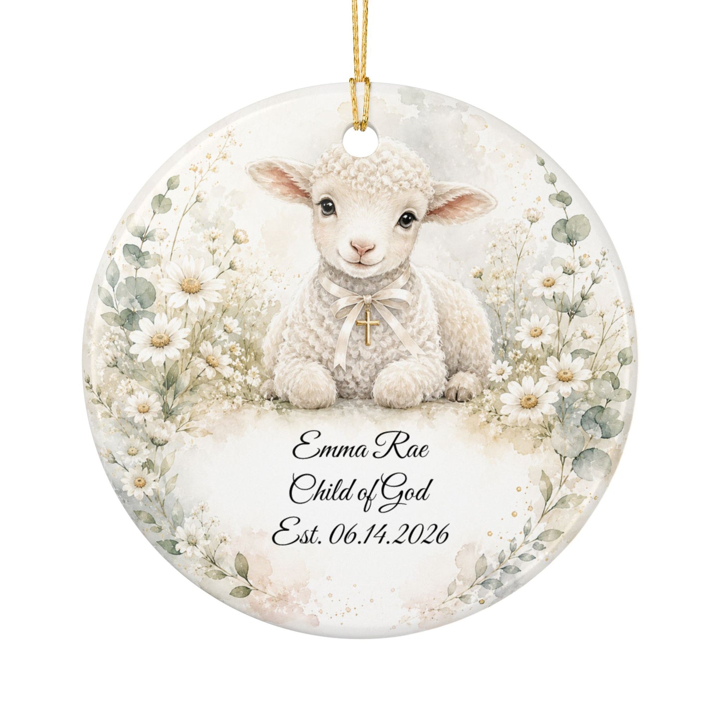 Lamb Baptism Ornament Personalized with Name, Watercolor Christening Keepsake, Ceramic Baby Dedication Gift, First Christmas Religious Gift