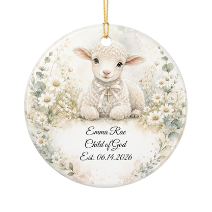 Lamb Baptism Ornament Personalized with Name, Watercolor Christening Keepsake, Ceramic Baby Dedication Gift, First Christmas Religious Gift