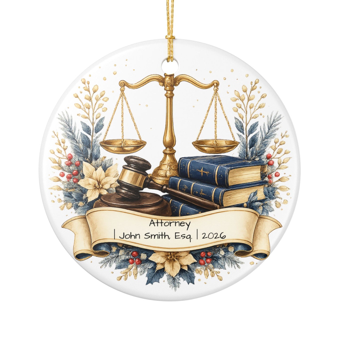 Lawyer Christmas Ornament Personalized with Name, Scales of Justice Ceramic Keepsake, Attorney Gift 2026