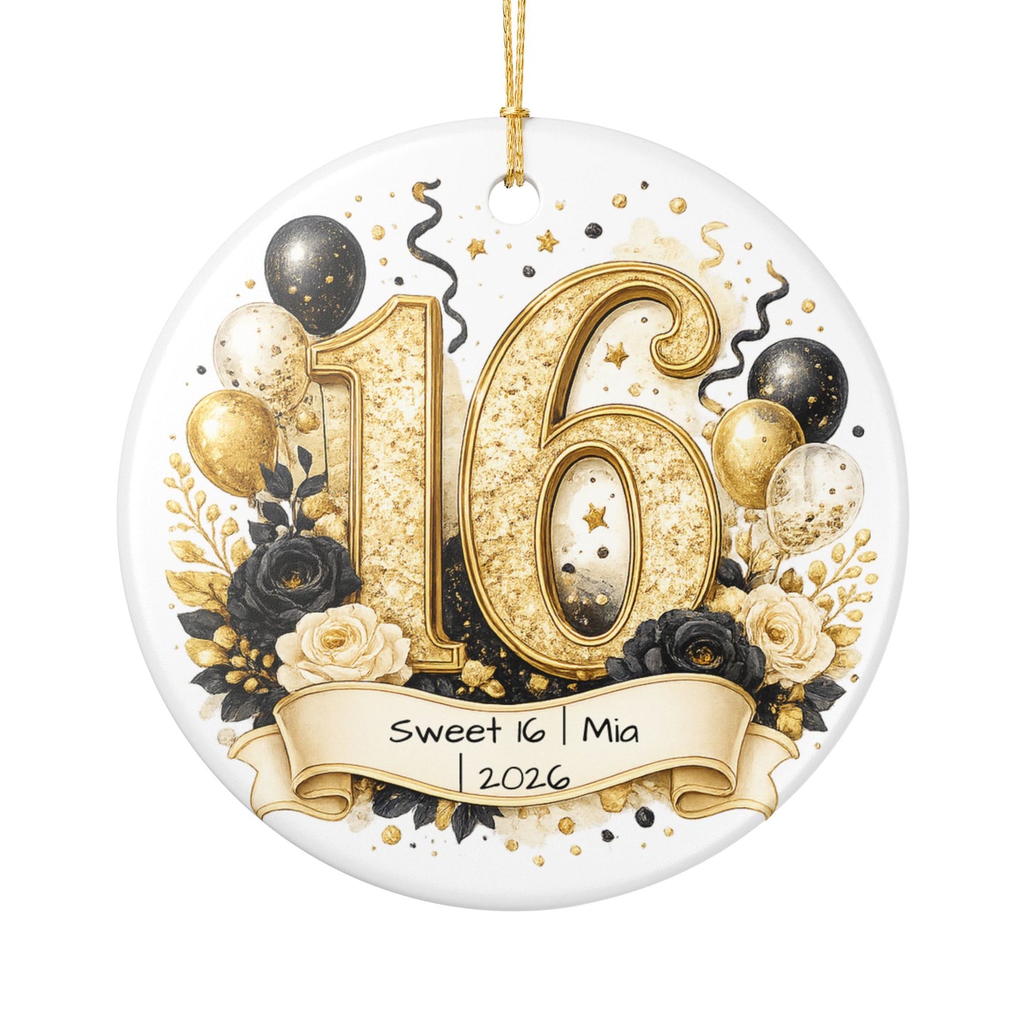 Glam Sweet 16 Christmas Ornament Personalized with Name Year, Black Gold Ceramic Keepsake, 16th Birthday Gift 2026