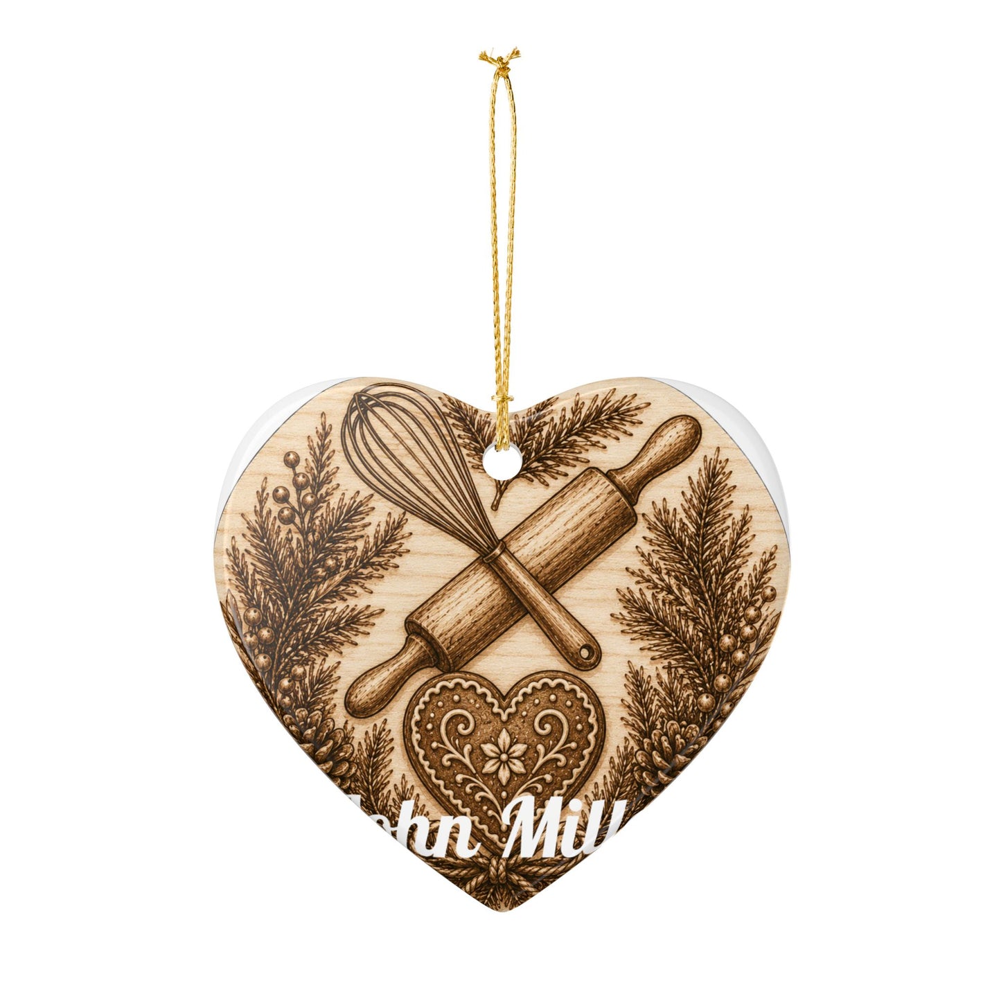 Baking Rolling Pin & Whisk Heart Ceramic Ornament | Kitchen Christmas Decoration