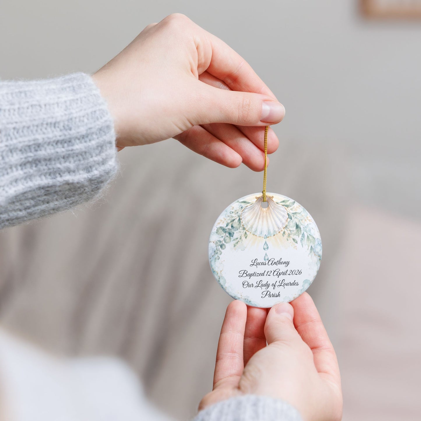 Baptism Shell Ornament Personalized, Traditional Christening Symbol Keepsake with Name & Date, Ceramic Catholic Baptism Gift for Baby