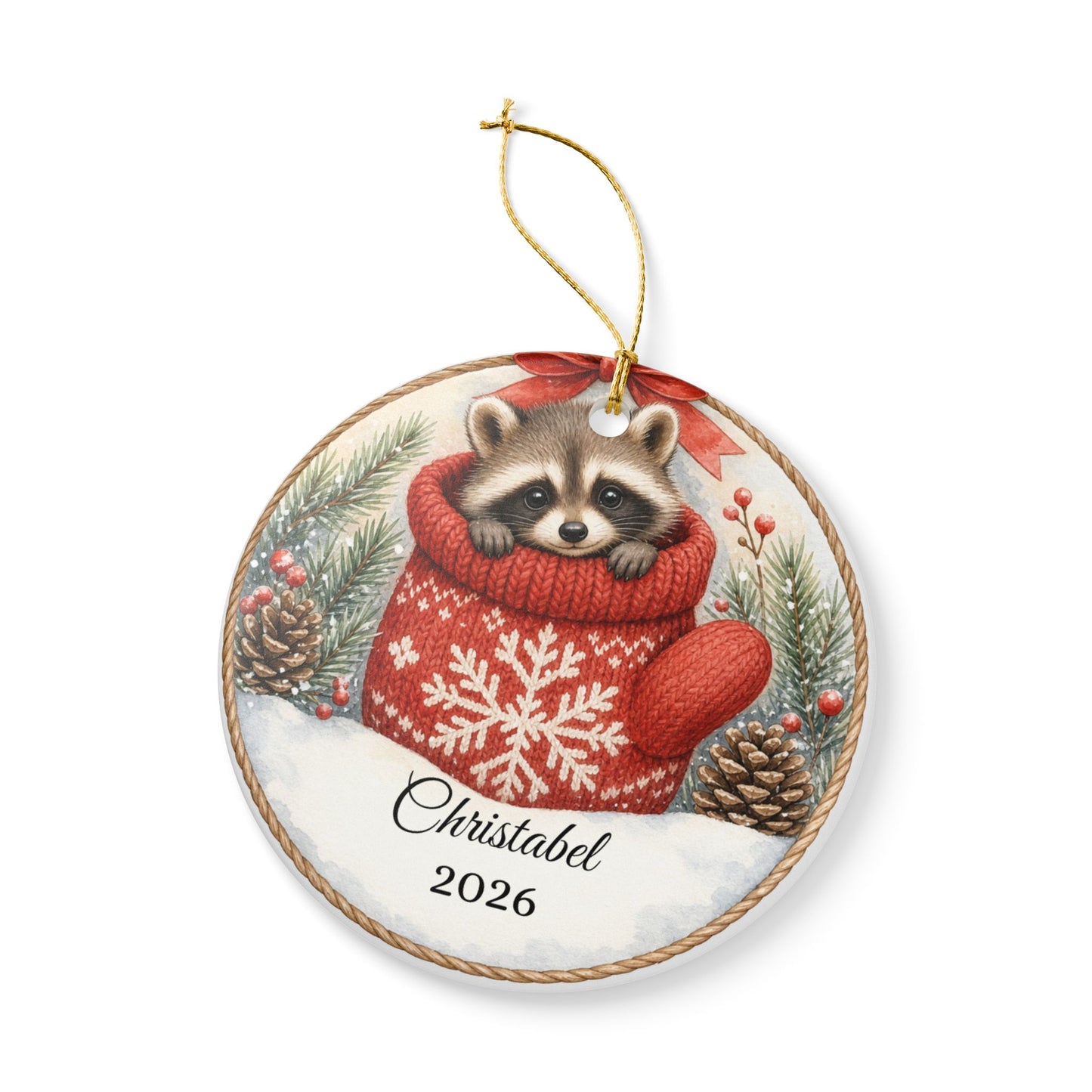 Baby First Christmas Ornament Personalized, Raccoon in Mitten Keepsake with Name 2026, Woodland New Baby Gift
