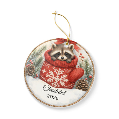 Baby First Christmas Ornament Personalized, Raccoon in Mitten Keepsake with Name 2026, Woodland New Baby Gift