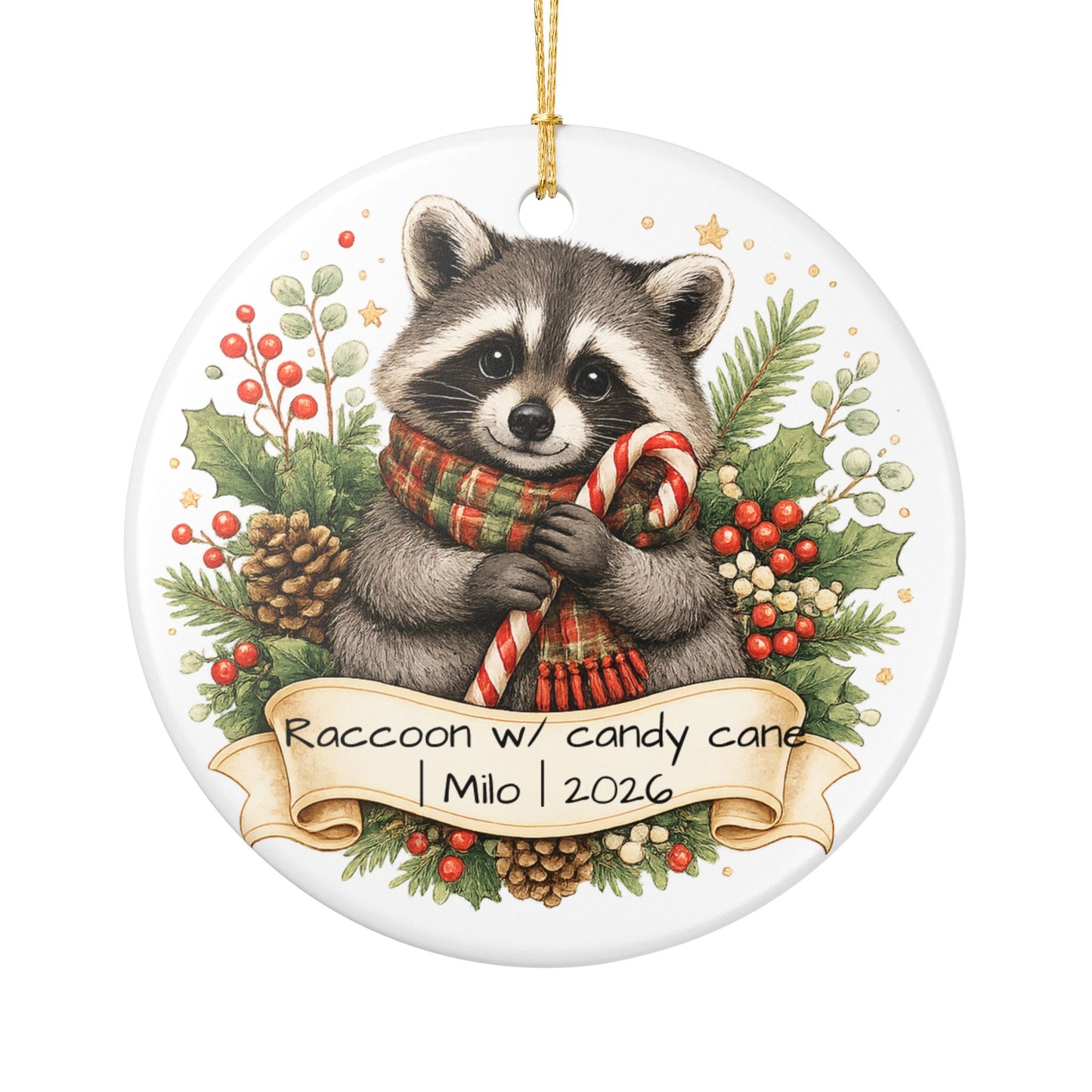 Raccoon with Candy Cane Christmas Ornament Personalized, Cute Ceramic Keepsake with Name, Raccoon Lover Gift 2026