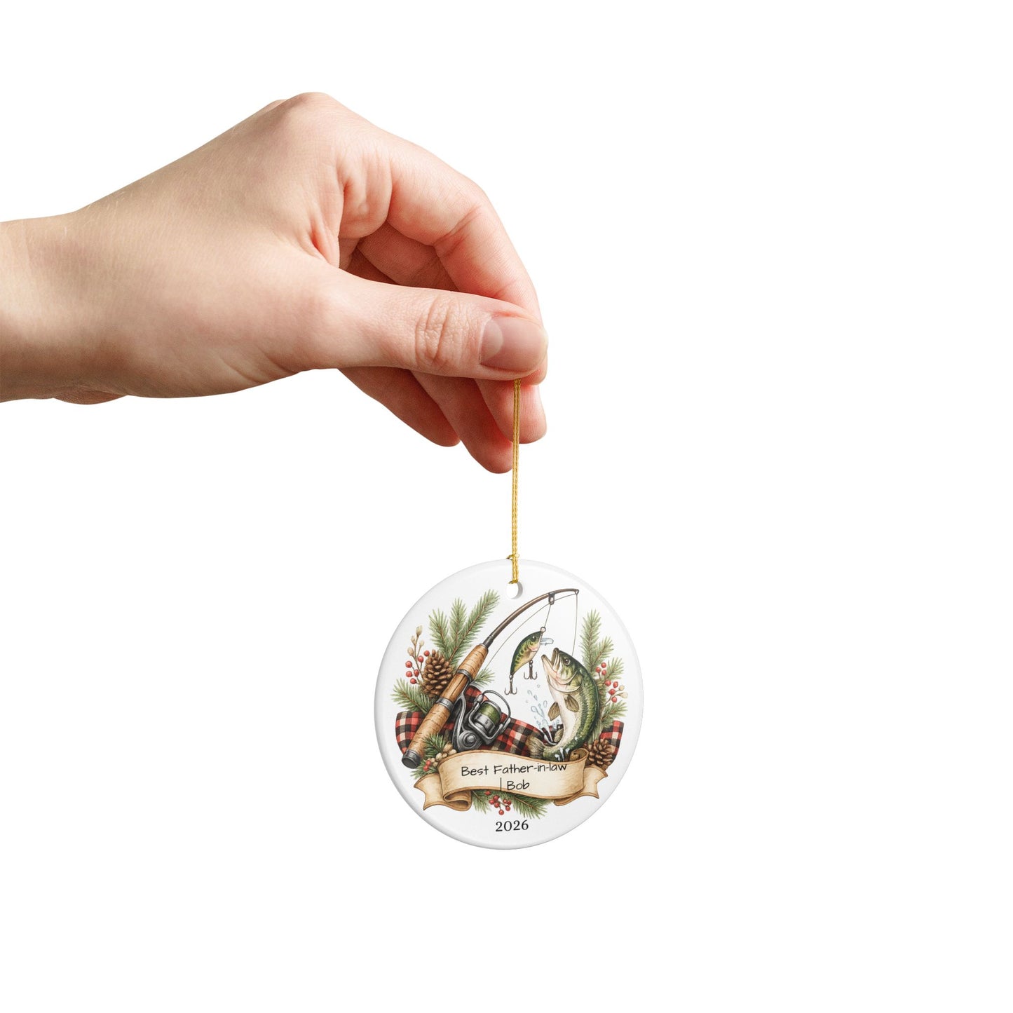 Fishing Father in Law Ornament Personalized, Rustic Ceramic Keepsake with Name, Fisherman FIL Gift 2026