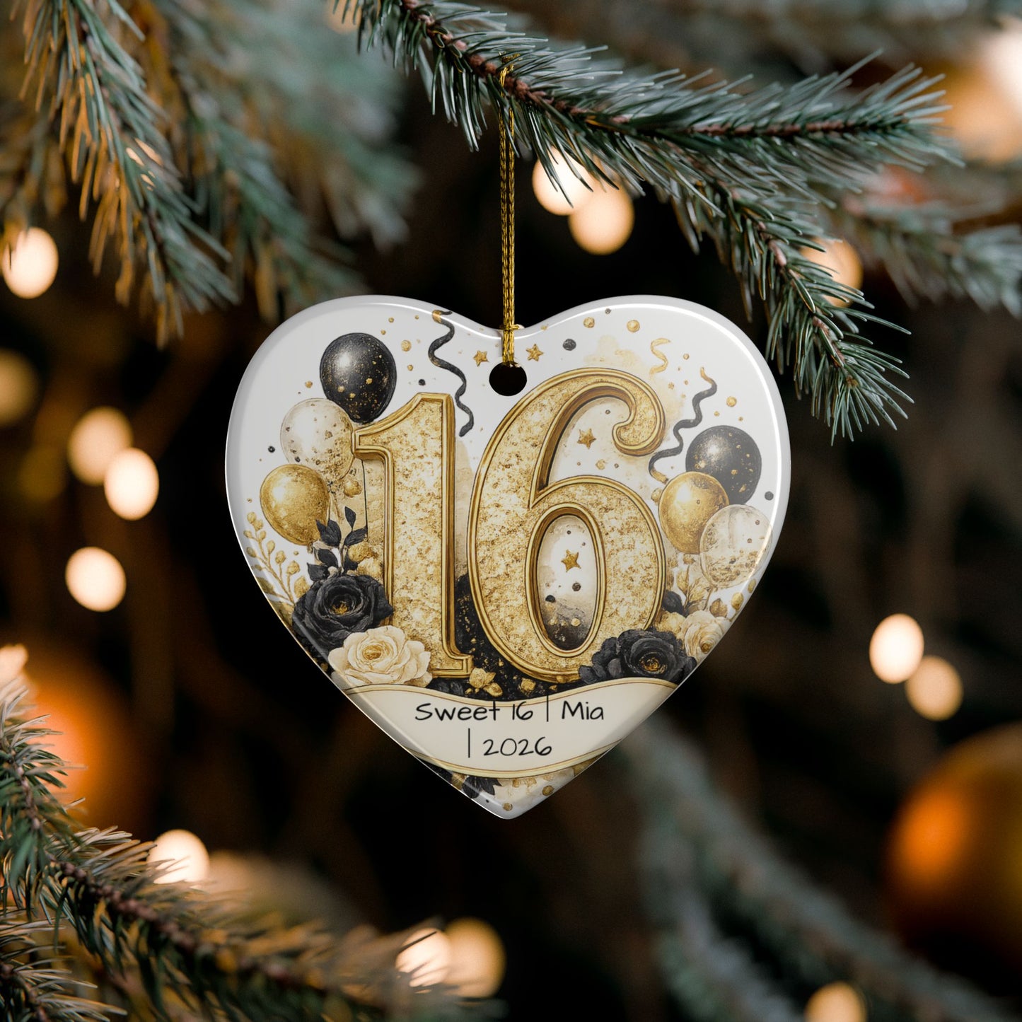 Glam Sweet 16 Christmas Ornament Personalized with Name Year, Black Gold Ceramic Keepsake, 16th Birthday Gift 2026