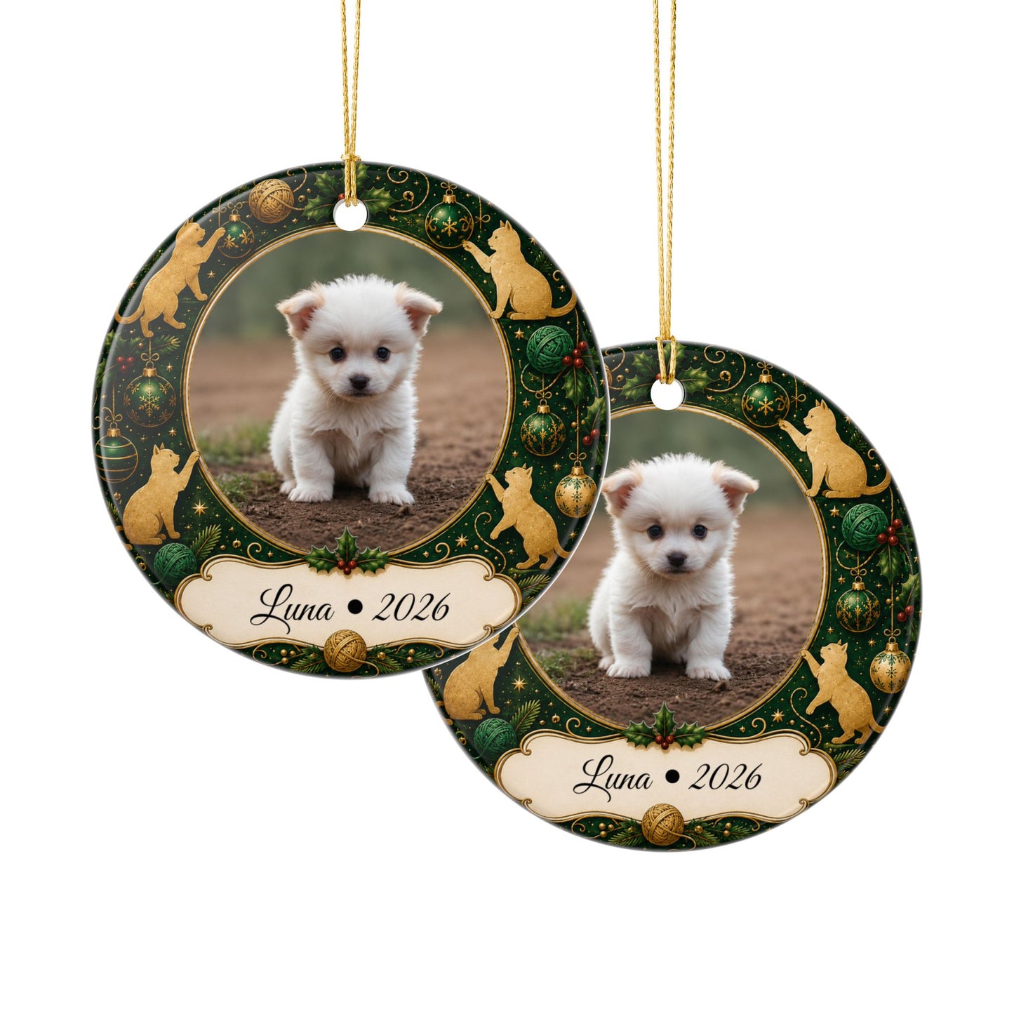 Personalized Puppy Photo Ornament, Ceramic Christmas Ornament | Cat Motif