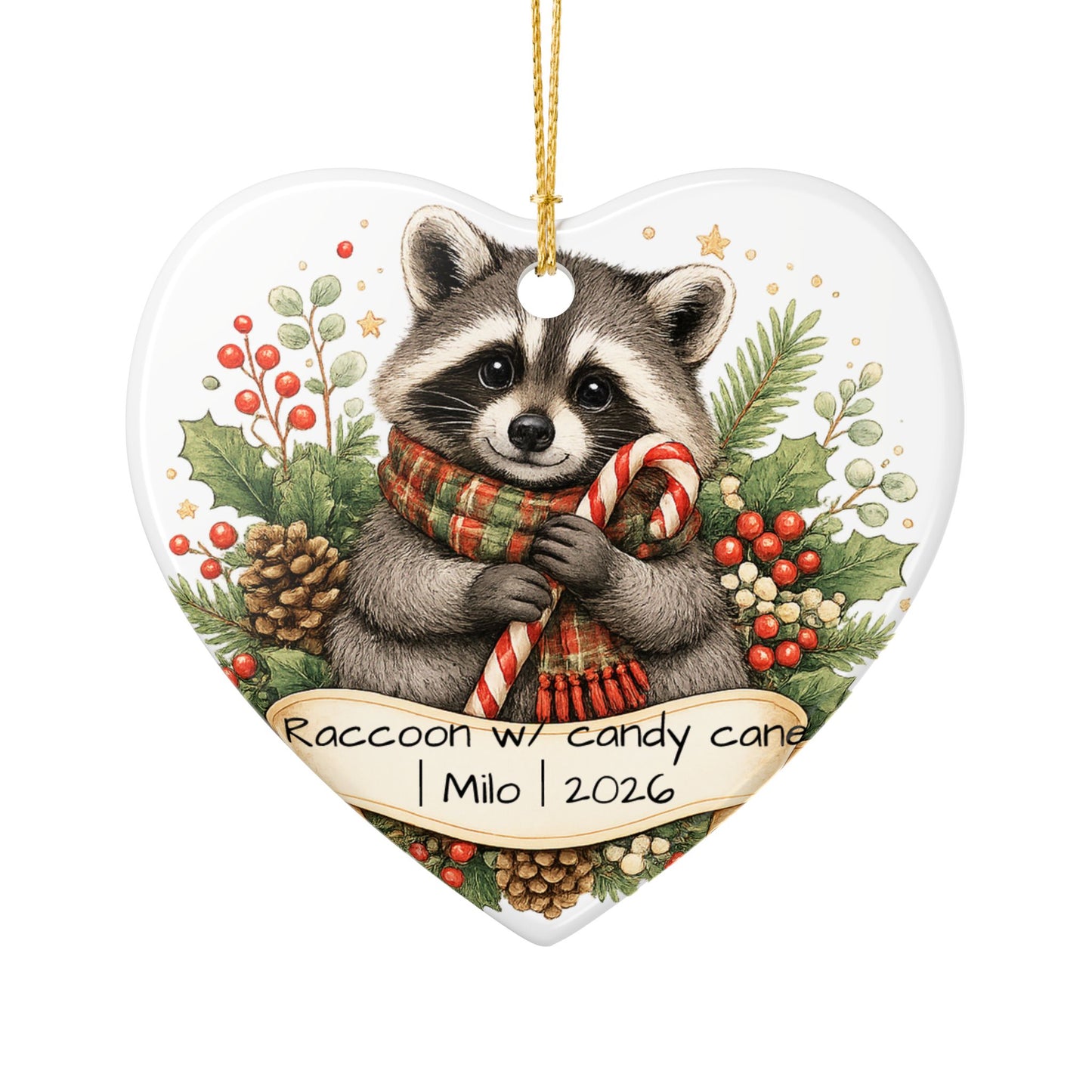 Raccoon with Candy Cane Christmas Ornament Personalized, Cute Ceramic Keepsake with Name, Raccoon Lover Gift 2026