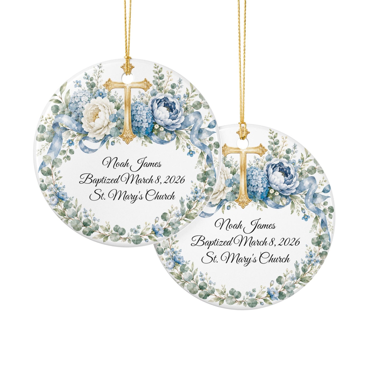 Personalized Baptism Ornament for Boy, Blue Cross Christening Keepsake with Name & Date, Ceramic Godson Gift, Baby Dedication Ornament