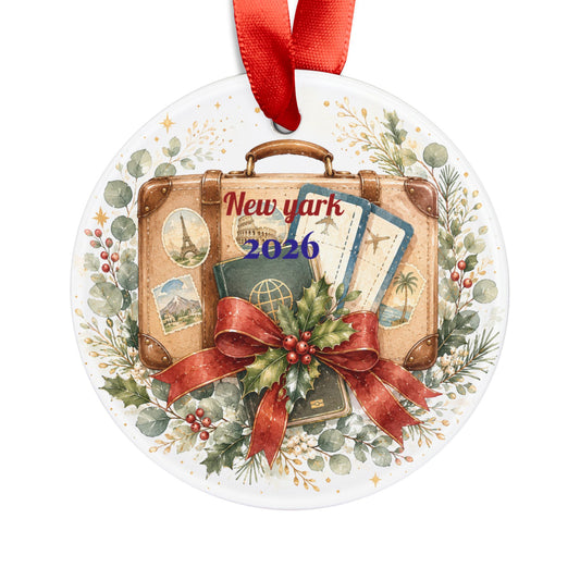 Vintage Travel Suitcase Ornament | Christmas Acrylic Ornament with Ribbon
