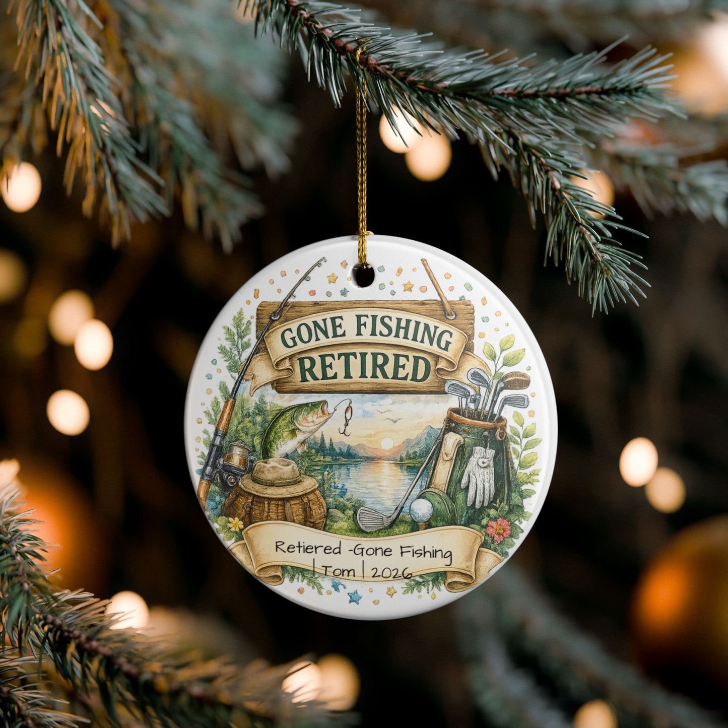 Retirement Ornament 2026 Personalized with Name, Fishing Golf Ceramic Keepsake, Retired Gift for Him, Dad Grandpa