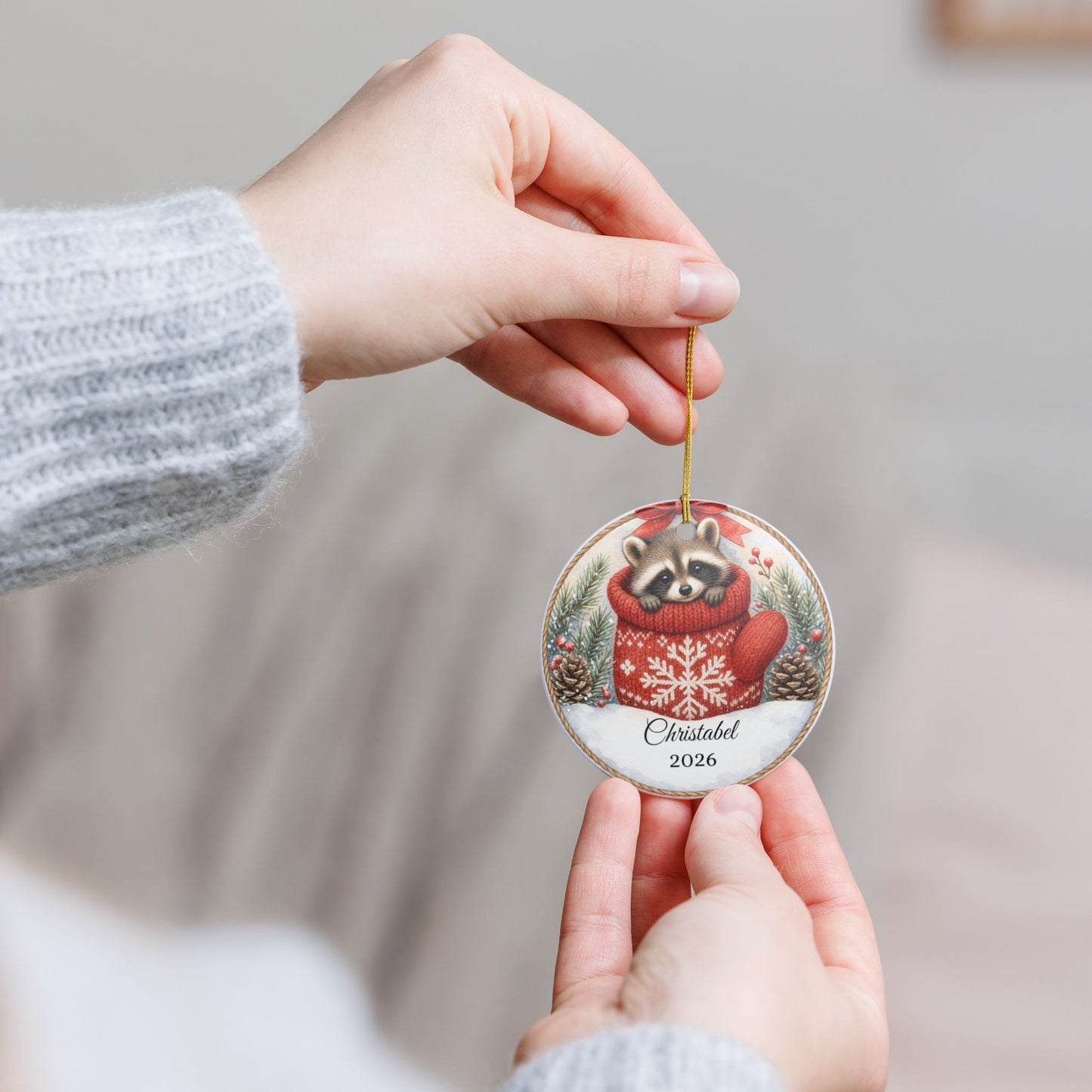 Baby First Christmas Ornament Personalized, Raccoon in Mitten Keepsake with Name 2026, Woodland New Baby Gift