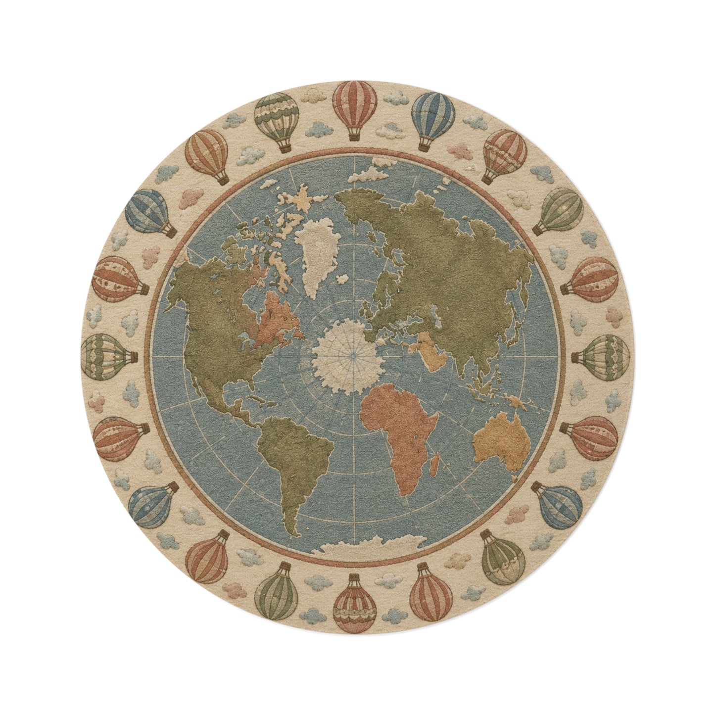 Vintage World Map Round Rug | Hot Air Balloon Border