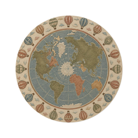 Vintage World Map Round Rug | Hot Air Balloon Border
