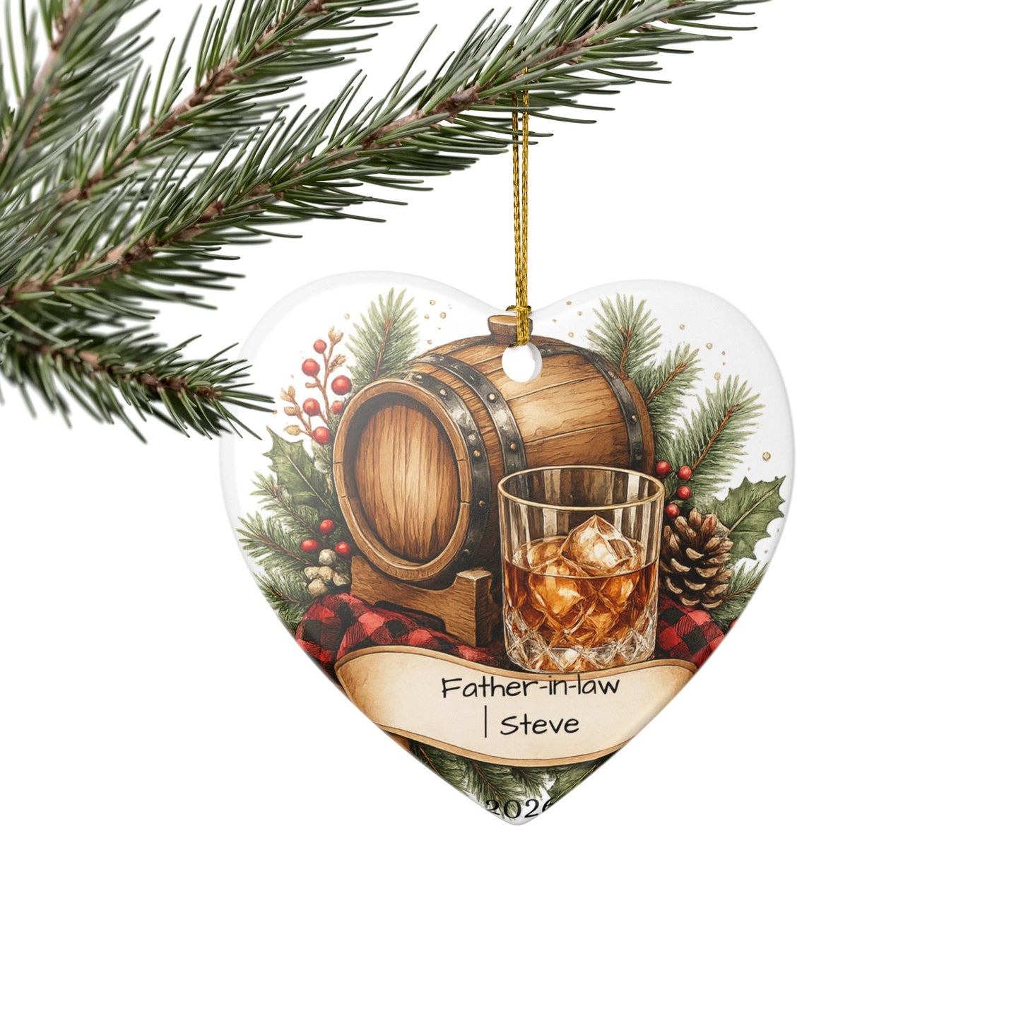 Whiskey Father in Law Ornament Personalized, Rustic Ceramic Keepsake with Name, Bourbon Lover FIL Gift 2026