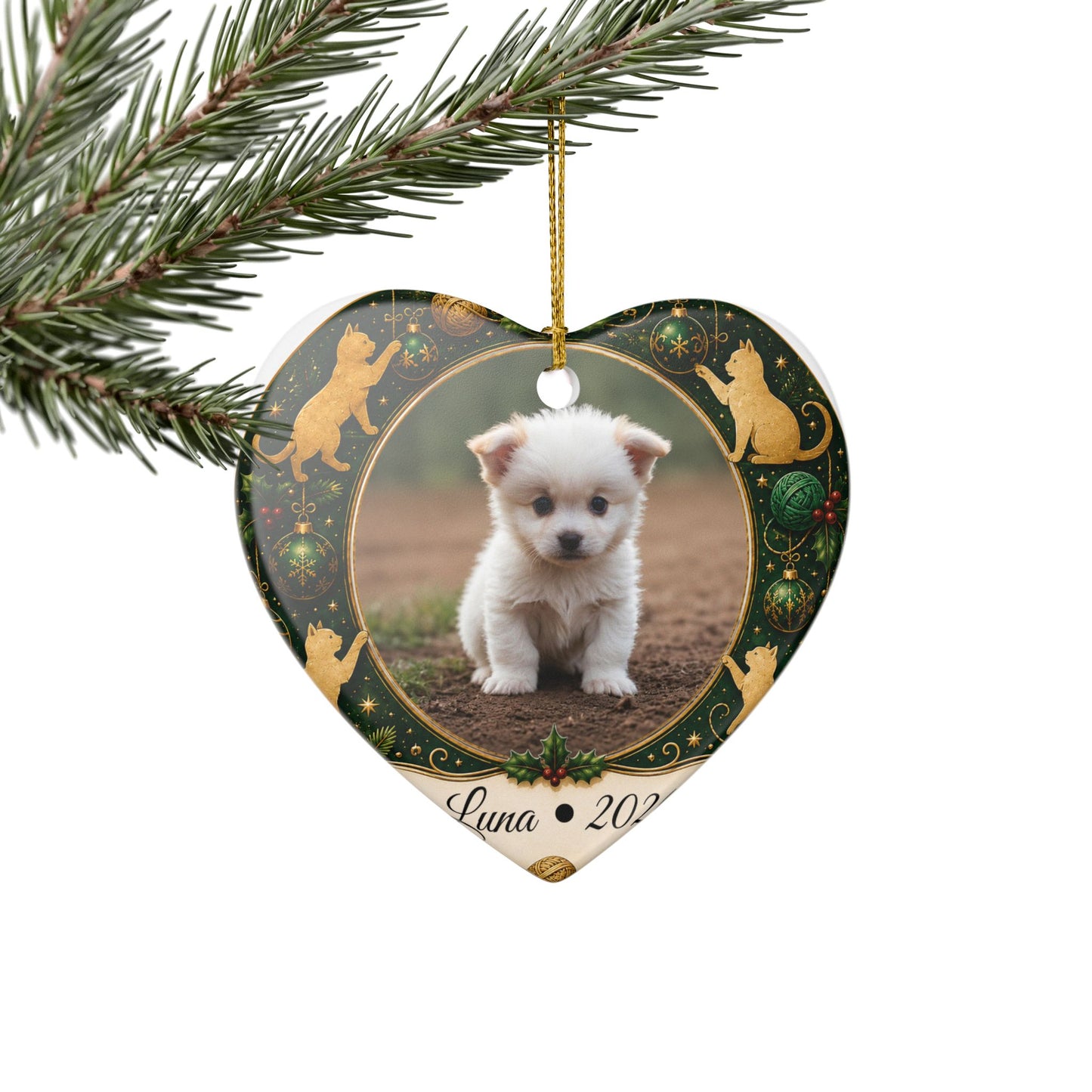 Personalized Puppy Photo Ornament, Ceramic Christmas Ornament | Cat Motif