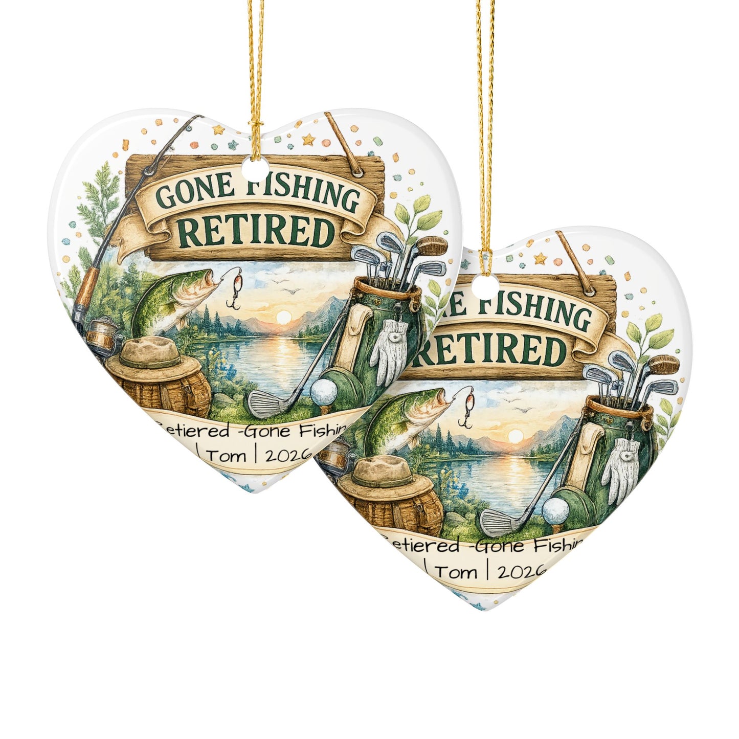 Retirement Ornament 2026 Personalized with Name, Fishing Golf Ceramic Keepsake, Retired Gift for Him, Dad Grandpa