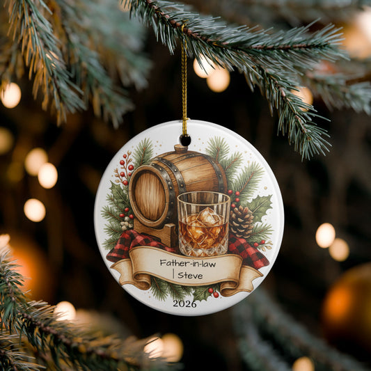 Whiskey Father in Law Ornament Personalized, Rustic Ceramic Keepsake with Name, Bourbon Lover FIL Gift 2026